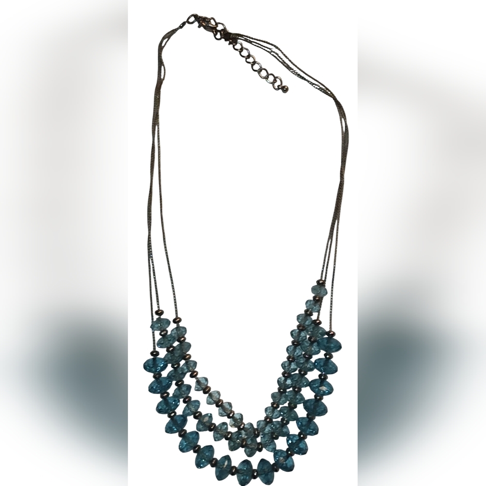 Silver Tone Vintage Three Strand Aqua Blue Beaded Adjustable Necklace 18"-22"